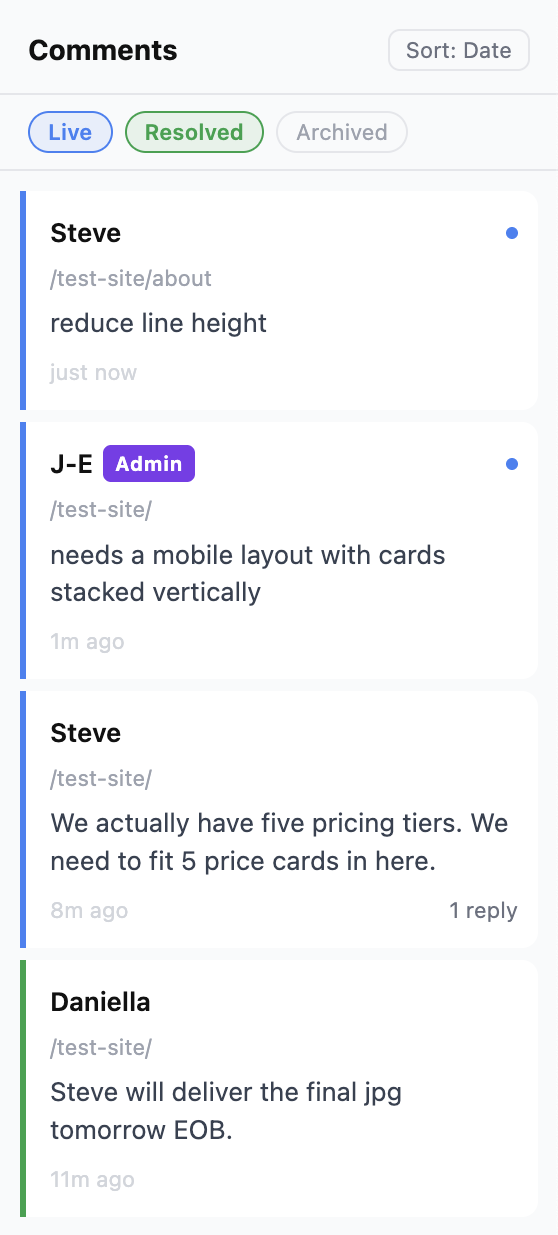 The comment shelf panel showing Live, Resolved, and Archived filter tabs, with comments from multiple pages and an Admin badge on one entry