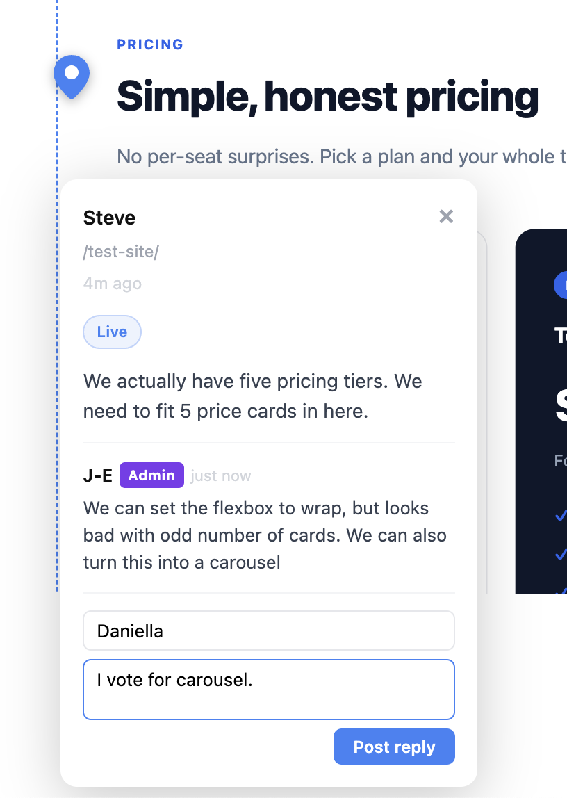 Comment modal showing a threaded conversation with Steve's original comment, J-E's admin reply, and Danielella typing a reply