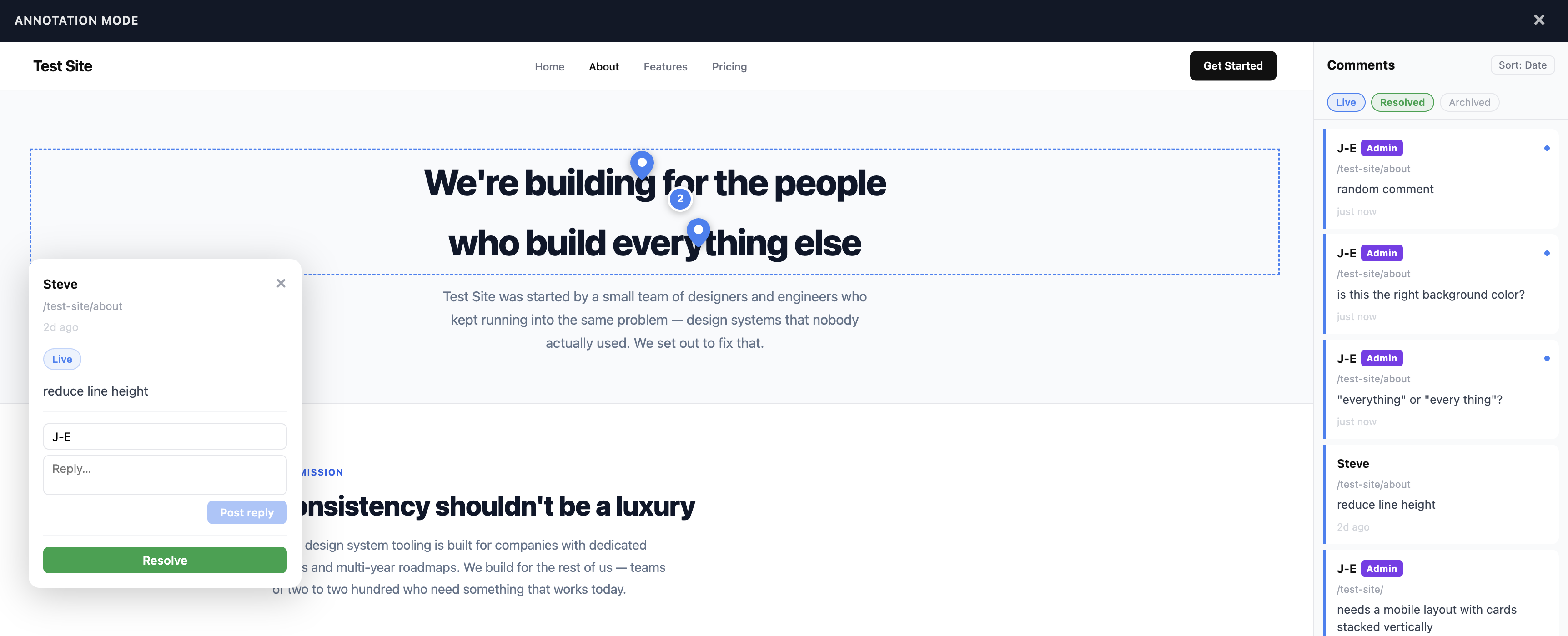 A numbered cluster pin showing '2 overlapping comments' with both comments listed in a popup
