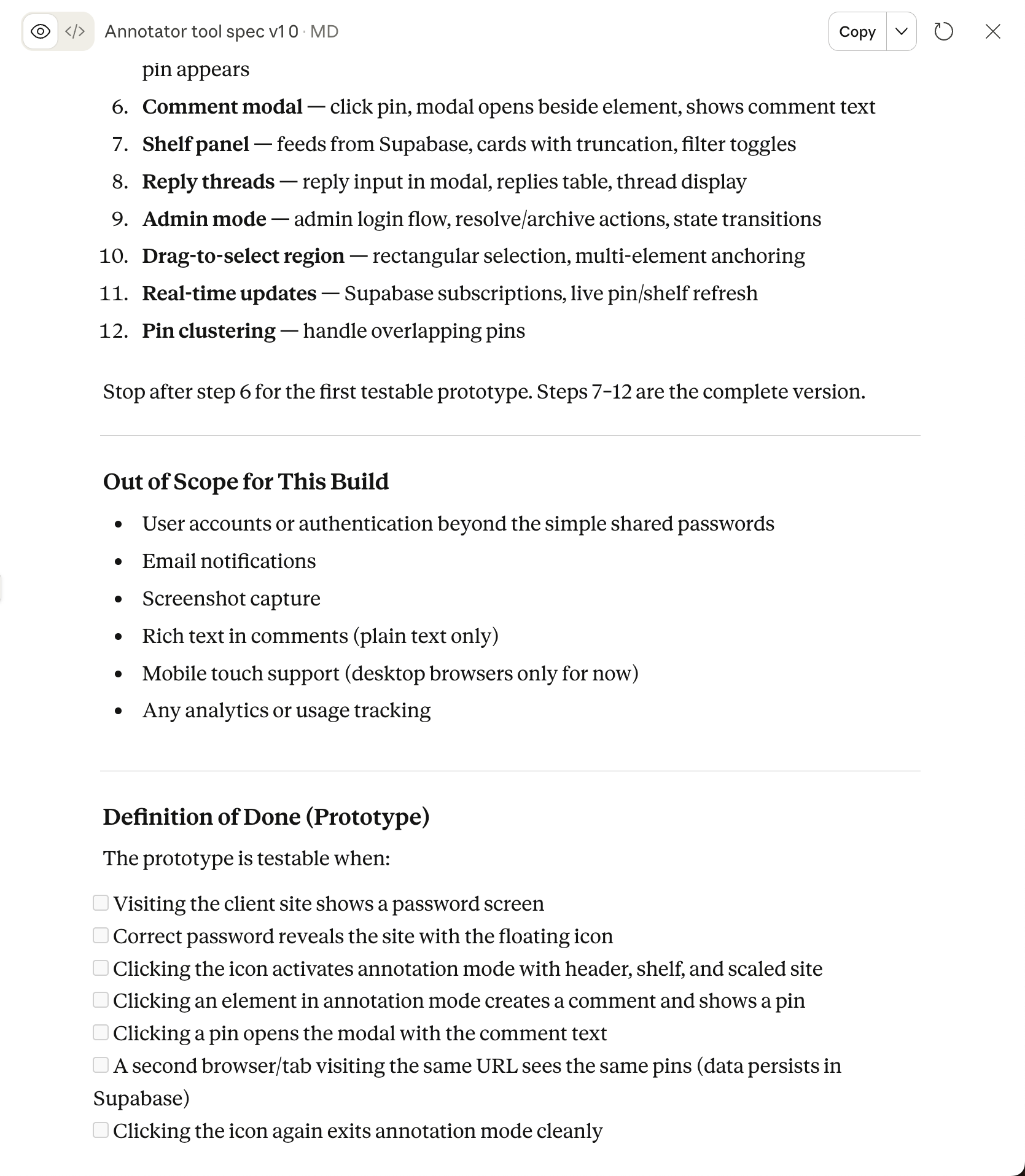 The build specification document open in Claude, showing the ordered prototype build steps and definition of done