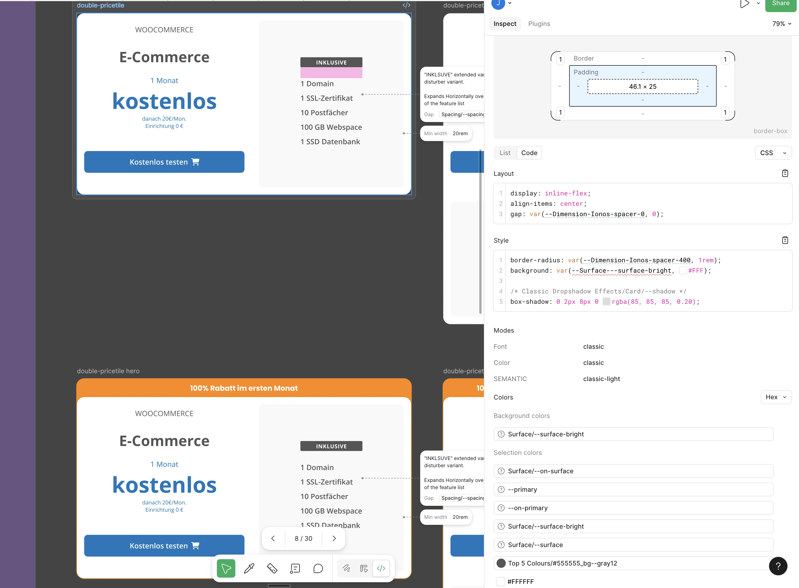 Figma Dev Mode showing a price card component with CSS code using design tokens like var(--Dimension-Ionos-spacer-400) and the Modes panel displaying Font: classic, Color: classic, and SEMANTIC: classic-light
