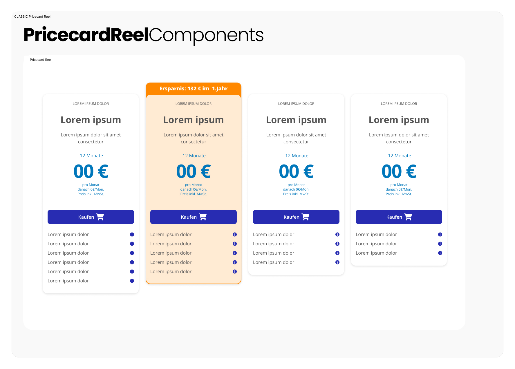 Price card component variations showing complex nested components with pricing, features, and call-to-action buttons in a carousel layout