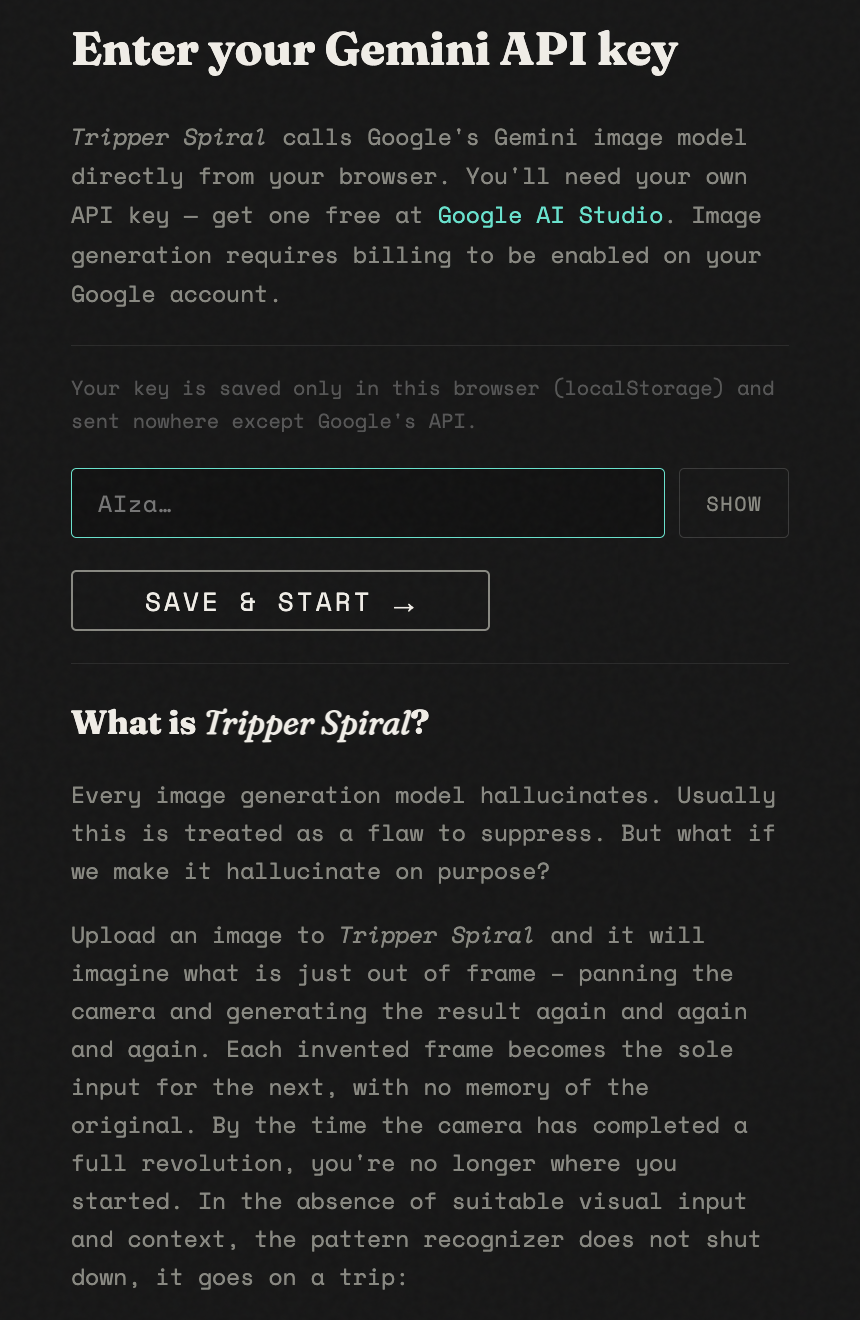 The API key modal showing the 'What is Tripper Spiral?' onboarding section with a description of the concept and an embedded demo video