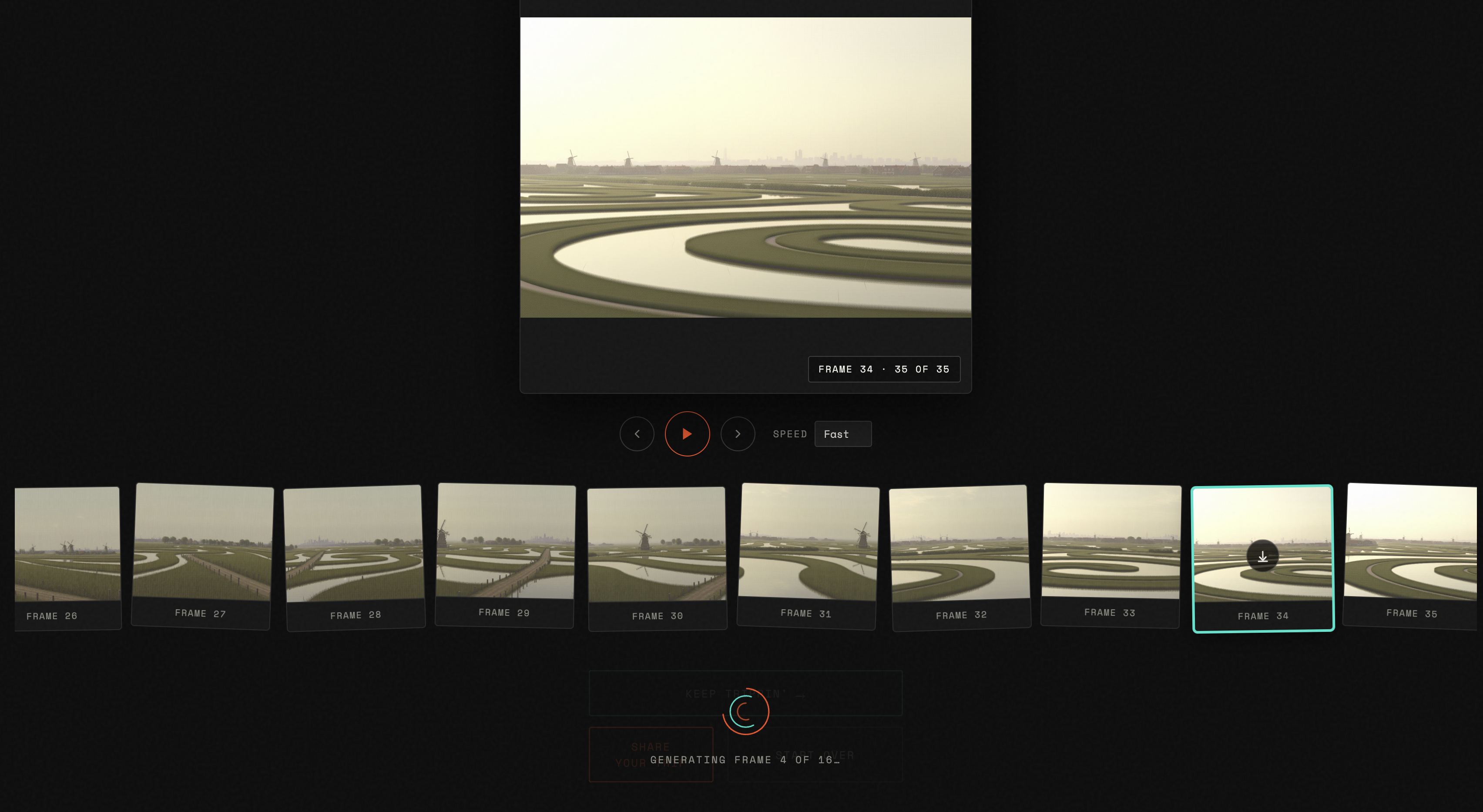 The filmstrip output view showing 35 generated frames of a Dutch landscape scene, with a large preview of the current frame, playback controls, and a speed selector