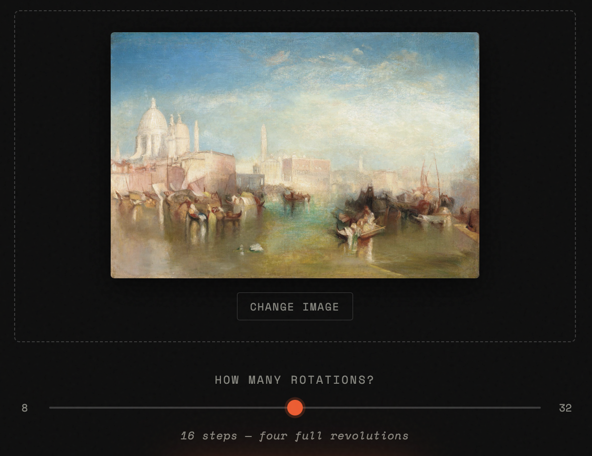 The Tripper Spiral upload interface showing a painting of Venice as the source image, a rotation slider set to 16 steps (four full revolutions), and a prominent Start the Spiral button